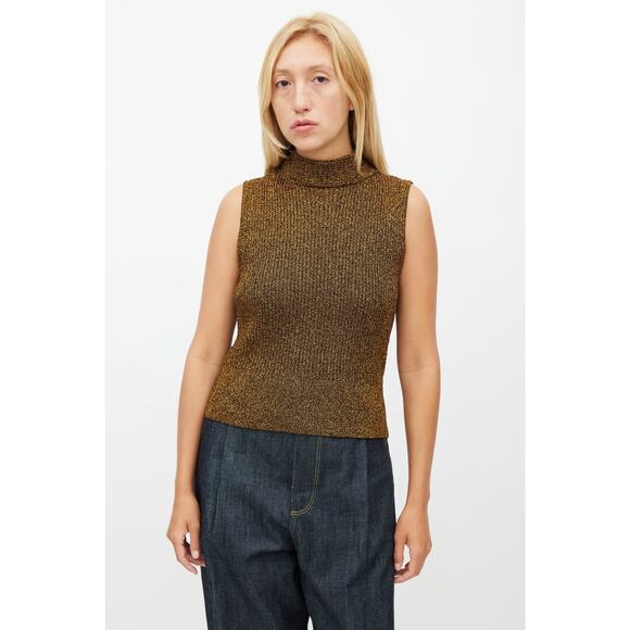 Ganni Metallic Rib Knit Tie Back Top Womens Size XL Gold Black NWT Retail $ 225 - Picture 5 of 16